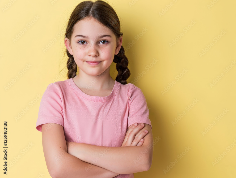 Obraz premium Confident girl with crossed arms smiling against yellow background