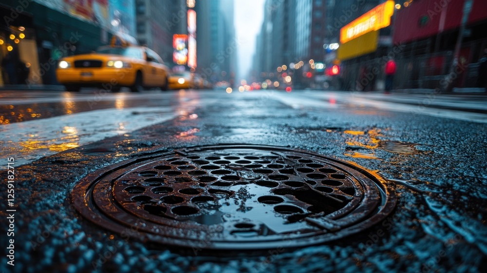Rainy Cityscape: A Street Level View of a Manhole in New York City Rainy Cityscape: A Street Level View of a Manhole in New York City
