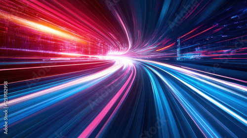 high tech vehicle speeds through futuristic cityscape, leaving vibrant light trails in its wake, creating dynamic and energetic scene