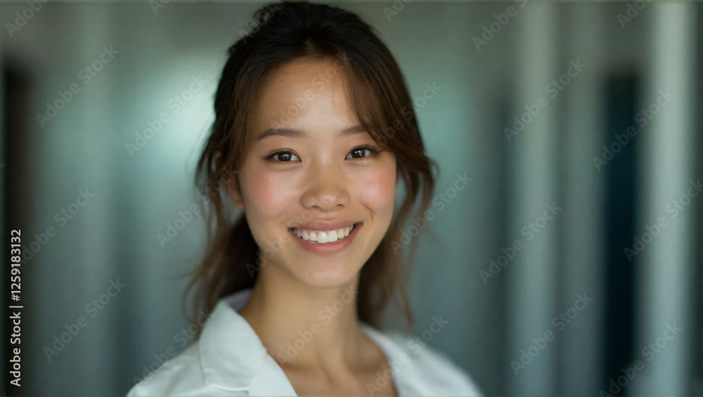 Retrato de mujer asiatica joven oficinista con blusa blanca sonriendo Retrato de mujer asiatica joven oficinista con blusa blanca sonriendo