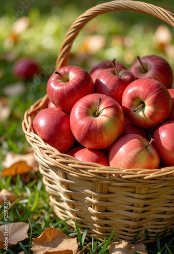 Rustic basket of red apples on grassy orchard ground