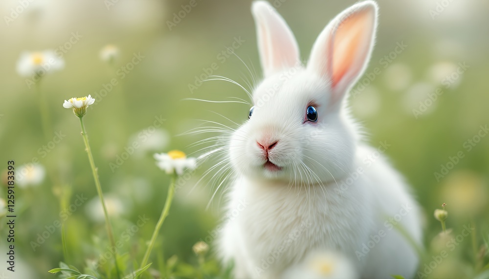 Adorable White Rabbit Sitting in a Field of Daisies on Sunny Day Adorable White Rabbit Sitting in a Field of Daisies on Sunny Day