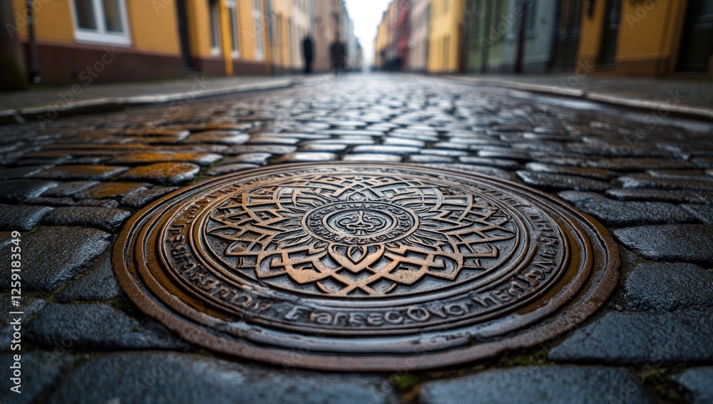 Cobblestone Street with Ornate Manhole Cover Cobblestone Street with Ornate Manhole Cover