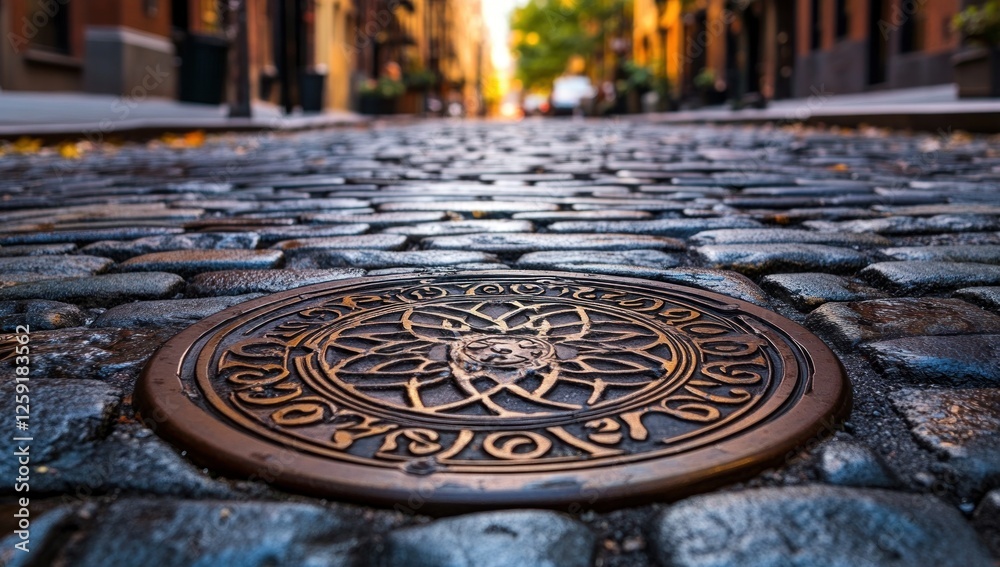 Cobblestone Street with Ornate Manhole Cover in Historic District Cobblestone Street with Ornate Manhole Cover in Historic District