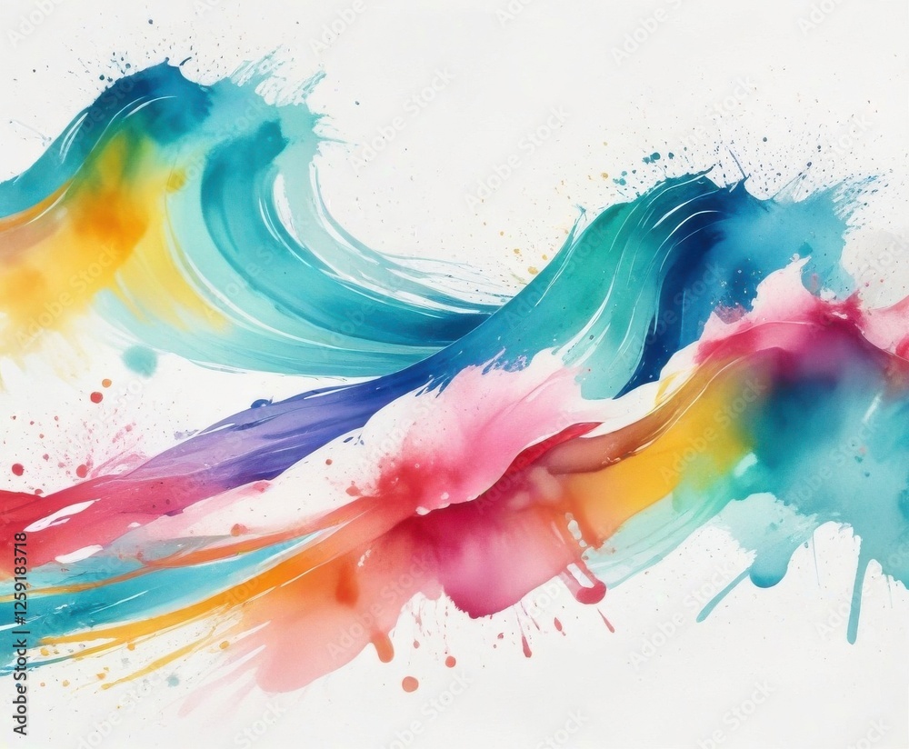 Obraz premium Watercolor waves with colored brushstrokes and splatters on a bright white background, brushstrokes, abstract, background