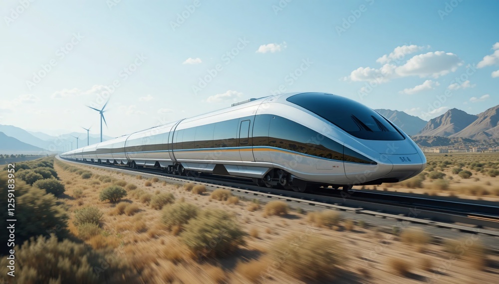 High Speed Train Traveling Through Desert Landscape with Wind Turbines High Speed Train Traveling Through Desert Landscape with Wind Turbines