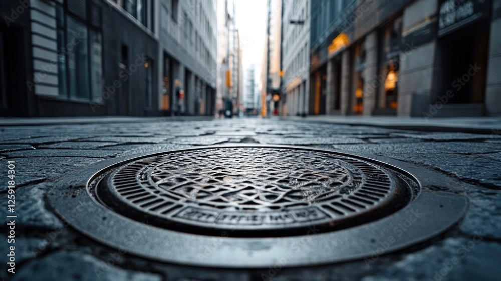 Urban Street Detail: A Close-Up View of a Manhole Cover on a Cobblestone Street in a City Urban Street Detail: A Close-Up View of a Manhole Cover on a Cobblestone Street in a City