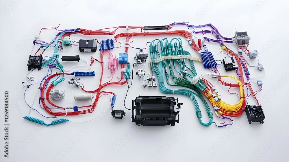 Naklejka premium Colorful Wires and Electronic Components Arranged on White Background