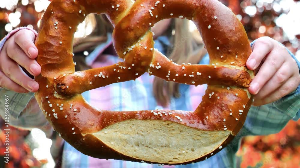 Bretzel in the hands of a child. Bavarian traditional pastry. Oktoberfest food traditional.Appetizing pretzel with salt in hands close-up. 4k footage