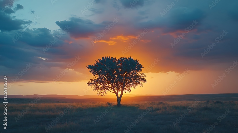 Fototapeta premium Solitary Tree at Sunset: A Serene Landscape