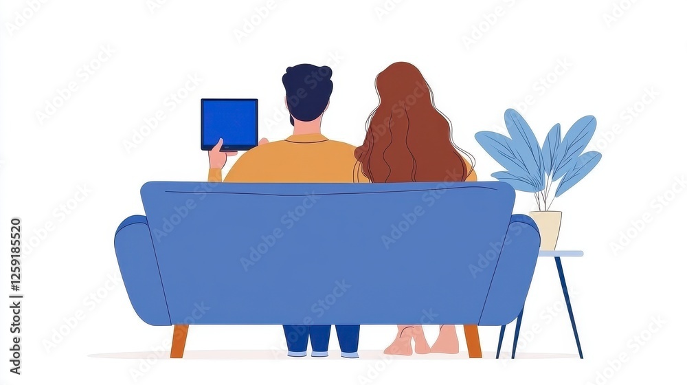 Obraz premium Couple Relaxing on Blue Sofa Using Tablet