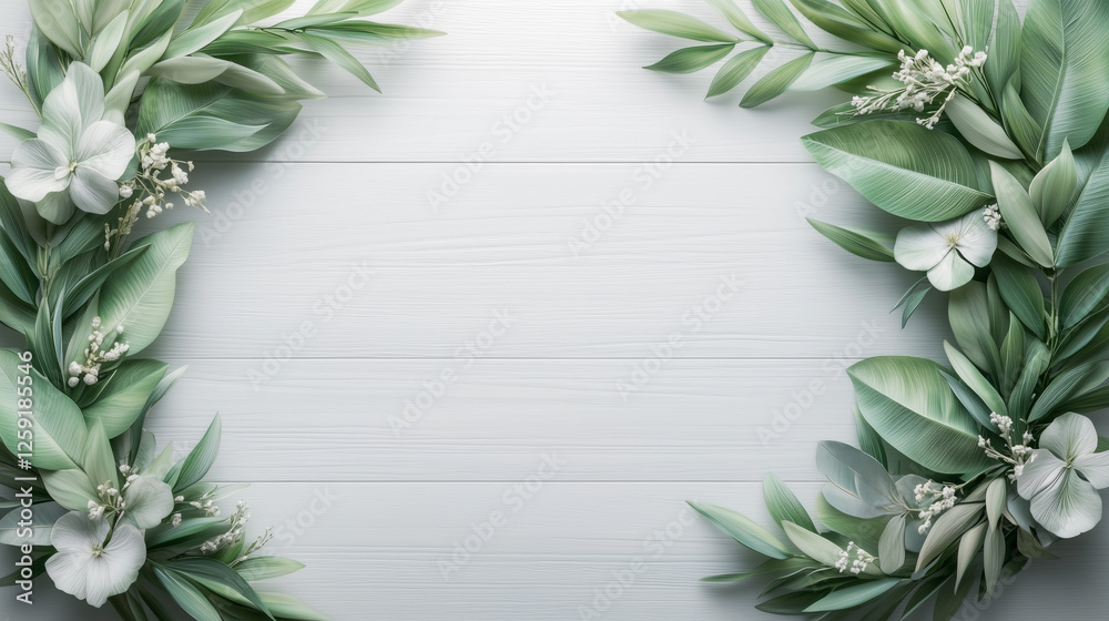 Fototapeta premium Elegant floral frame with green leaves on white wooden background
