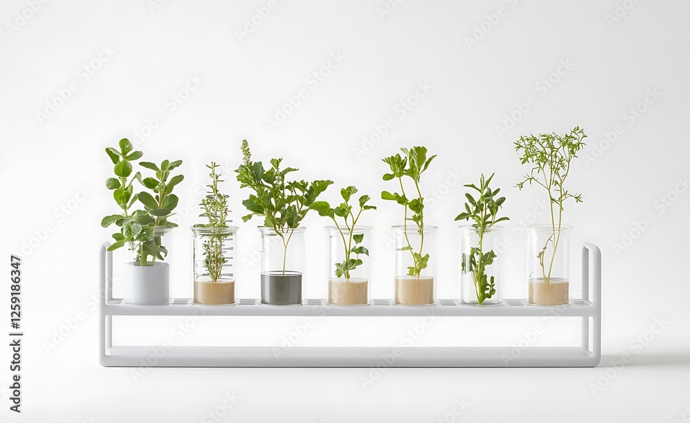 Fototapeta premium A set of test tubes and beakers with plants inside, on a white background