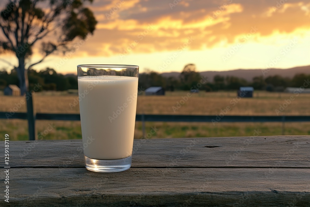 Refreshing Glass of Milk on a Rustic Wooden Table with Beautiful Sunset Background Over a Peaceful Landscape Refreshing Glass of Milk on a Rustic Wooden Table with Beautiful Sunset Background Over a Peaceful Landscape