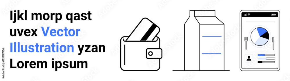Wallet with credit card inserted, milk carton, and smartphone displaying a pie chart and bar graph. Ideal for finance, grocery, e-commerce, mobile apps, technology, budgeting digital payments Wallet with credit card inserted, milk carton, and smartphone displaying a pie chart and bar graph. Ideal for finance, grocery, e-commerce, mobile apps, technology, budgeting digital payments