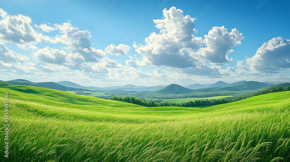 Lush Green Fields Under a Bright Blue Sky with Fluffy White Clouds and Rolling Hills in a Serene Rural Landscape Lush Green Fields Under a Bright Blue Sky with Fluffy White Clouds and Rolling Hills in a Serene Rural Landscape
