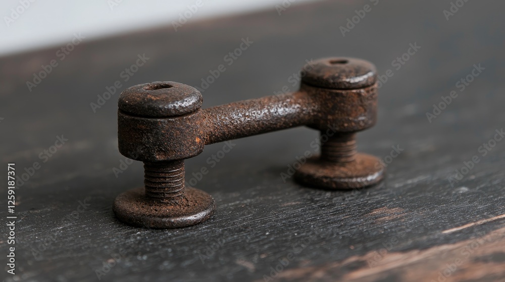 Rusted metal bracket on dark wood surface Rusted metal bracket on dark wood surface