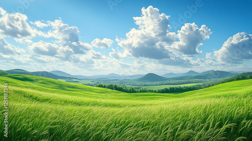 Lush Green Fields Under a Bright Blue Sky with Fluffy White Clouds and Rolling Hills in a Serene Rural Landscape
