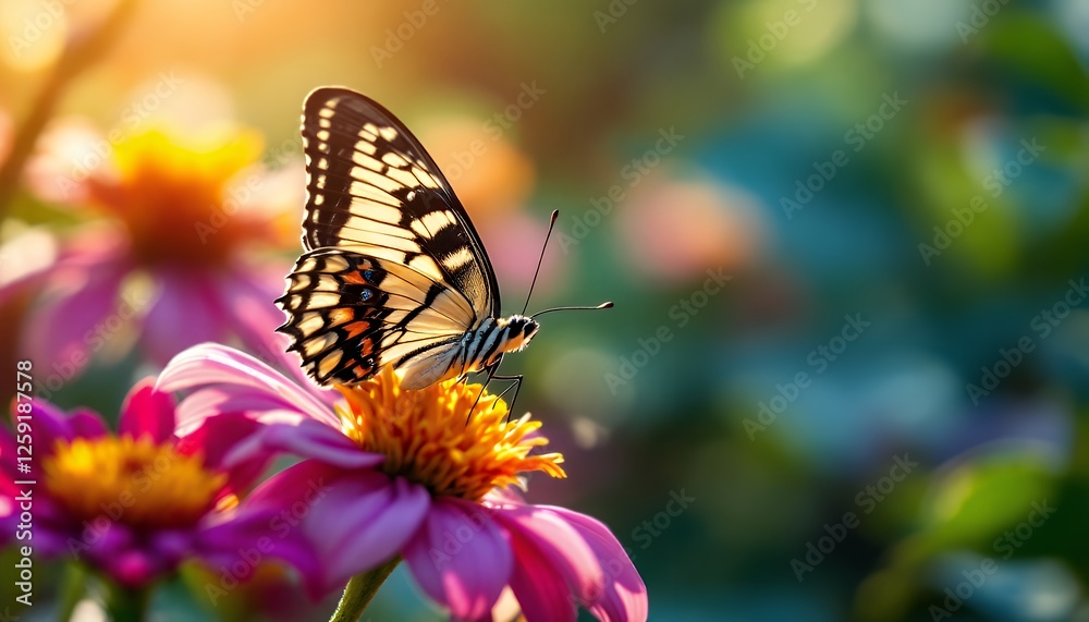 Obraz premium Butterfly Sipping Nectar From Pink Flower in a Sunny Garden