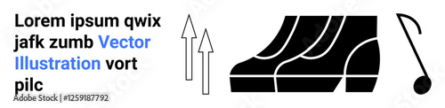 Arrows rising upward beside abstract shoe steps and a minimalistic golf putter emphasize movement, progress, and sports activity. Ideal for dynamics, sports, fitness, motivation, outdoor lifestyle