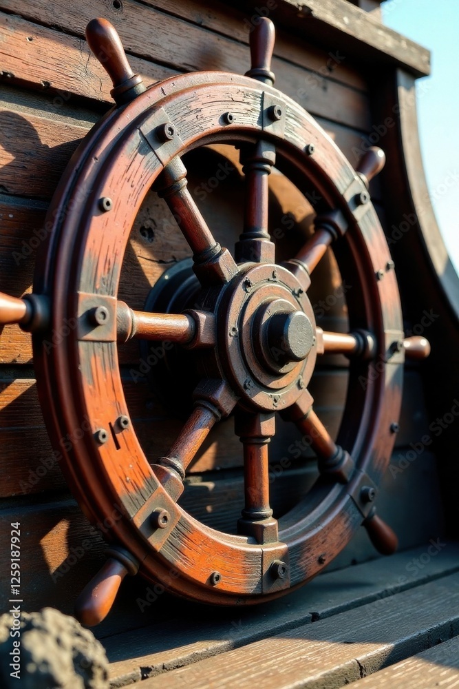 Obraz premium Weathered wooden ship wheel , vintage nautical elements, distressed metal, old machinery