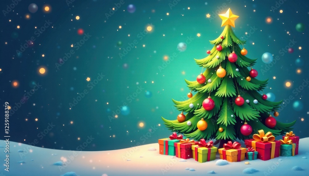 Whimsical cartoon Christmas tree filled with colorful gifts and shiny balls for a lively atmosphere, ball, gift, cartoon Whimsical cartoon Christmas tree filled with colorful gifts and shiny balls for a lively atmosphere, ball, gift, cartoon