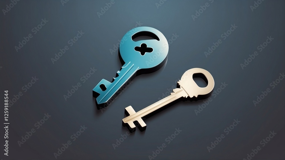 Two keys, one blue and one gold, on a dark background Two keys, one blue and one gold, on a dark background