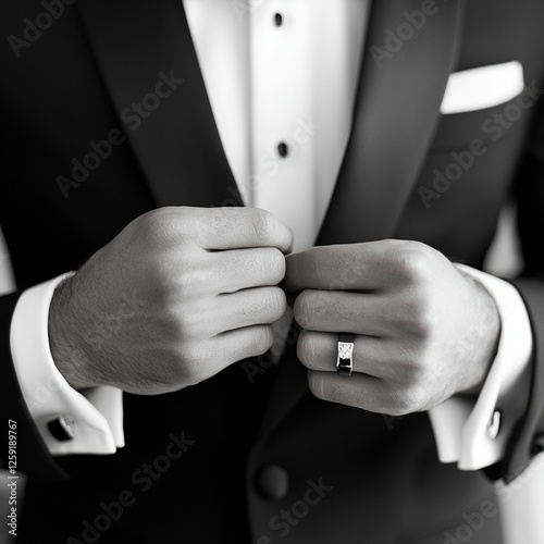 Close-up of the groom’s hands as he fastens his buttons, with a focus on the intricate details.