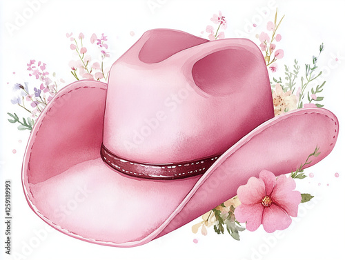 Pink cowboy hat clipart with pastel flowers on w white background
