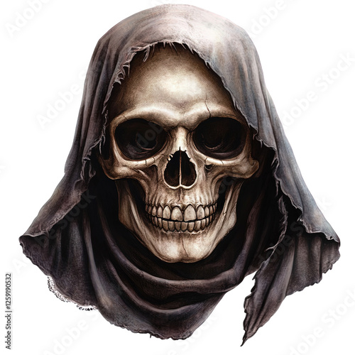 Mysterious Skull in a Hood: A Spooky and Detailed Illustration