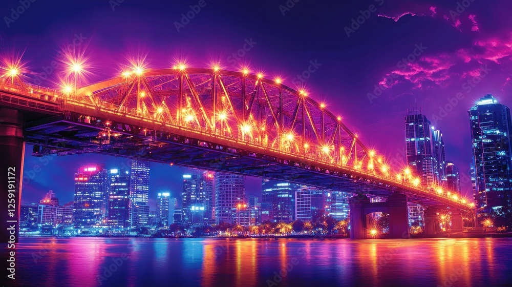 Naklejka premium Illuminated Bridge Spanning Cityscape at Night
