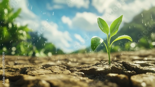 A resilient sprout emerges from cracked earth, revitalized by the life-giving rain, symbolizing hope, rebirth, and nature's enduring strength. photo