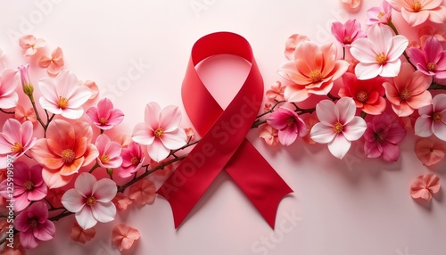 Red awareness ribbon surrounded by pink flowers on a pastel background for World Cancer Day support