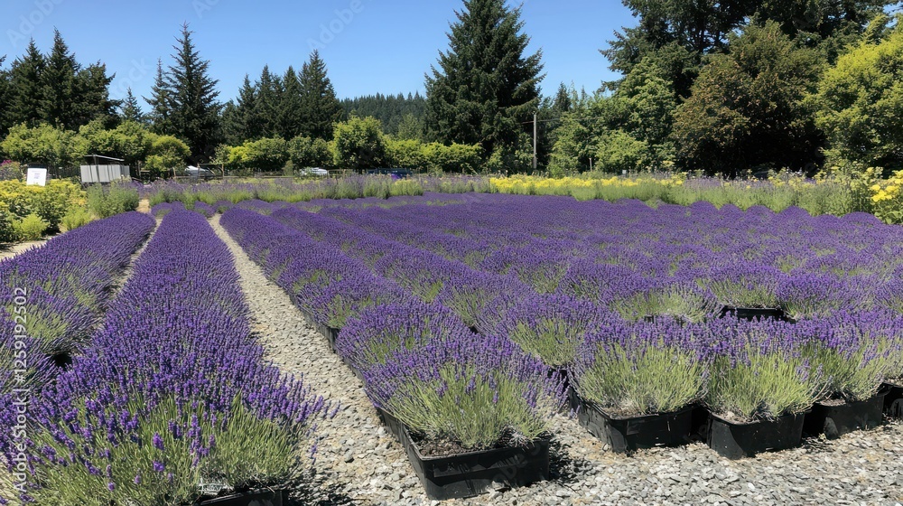 Fototapeta premium Rows of Lavender Plants in a Sunny Field