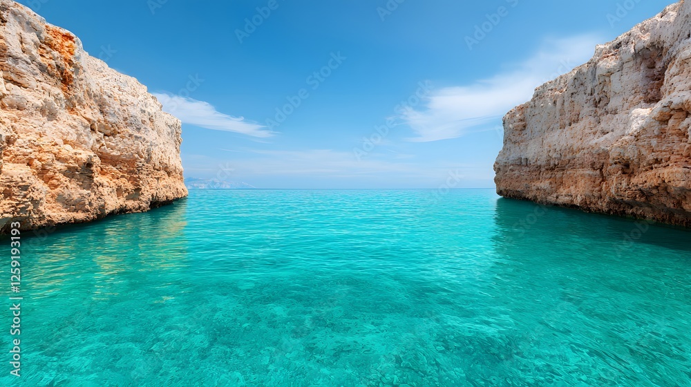 Breathtaking Secluded Cove with Crystal Clear Waters and Steep Rocky Cliffs Beneath a Blue Sky. Incredibly Beautiful Place Concept Breathtaking Secluded Cove with Crystal Clear Waters and Steep Rocky Cliffs Beneath a Blue Sky. Incredibly Beautiful Place Concept
