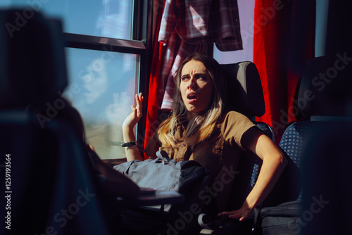 Scared Woman Traveling by Train Experiencing an Accident. Passenger having a negative experience while riding in public transportation
