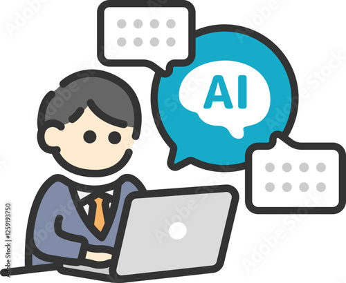AIを活用して仕事をする、ビジネスマンの（線画カラー）のイラスト