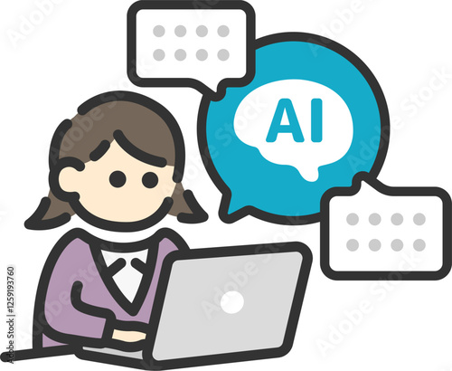 AIを活用して仕事をする、ビジネスウーマンの（線画カラー）のイラスト