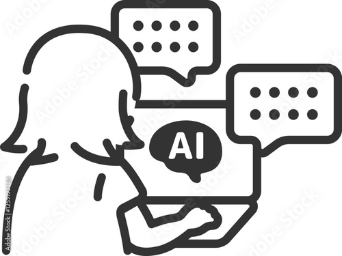 AIを活用して仕事をする、女性の後ろ姿（線画）のイラスト