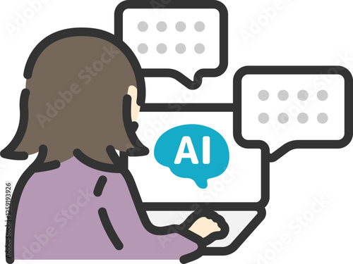 AIを活用して仕事をする、ビジネスウーマンの後ろ姿（線画カラー）のイラスト
