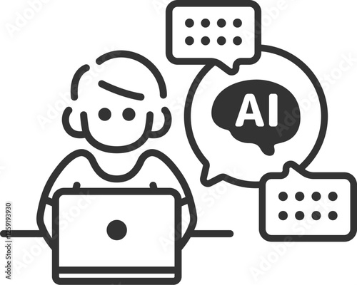 AIを活用して仕事をする、正面から見た、男性（線画）のイラスト