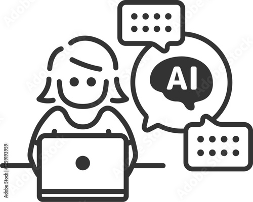 AIを活用して仕事をする、正面から見た、女性（線画）のイラスト