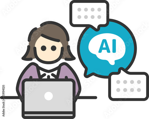 AIを活用して仕事をする、正面から見た、ビジネスウーマン（線画カラー）のイラスト