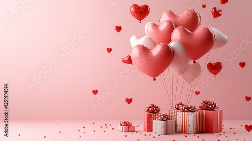 Romantic Valentine's Day Scene with Heart Balloons and Gifts