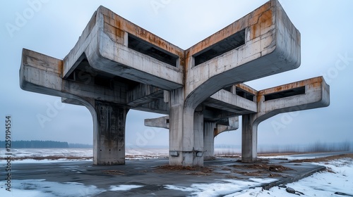 Brutalist concrete architecture of an abandoned soviet era bus station standing alone in a desolate winter landscape, showcasing the decay of communist infrastructure photo