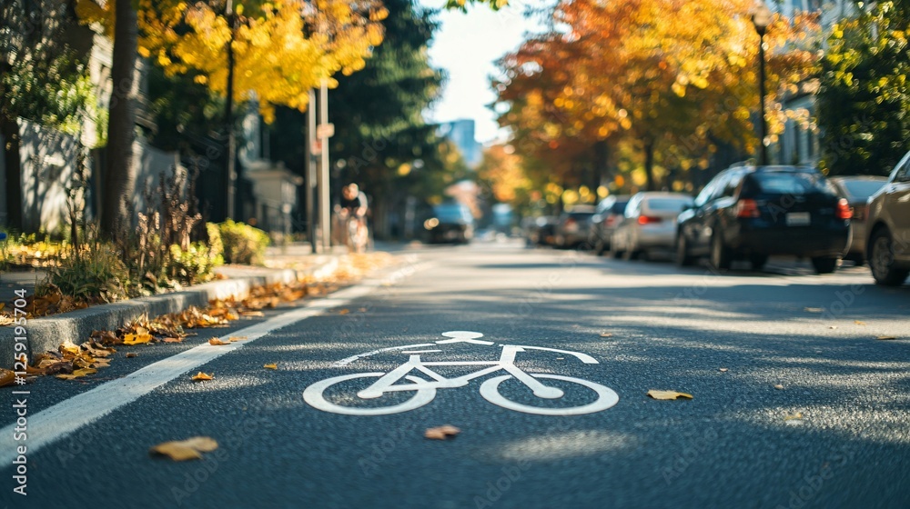 Obraz premium White bicycle symbol painted on a bike lane amidst parked cars and vibrant trees on the street