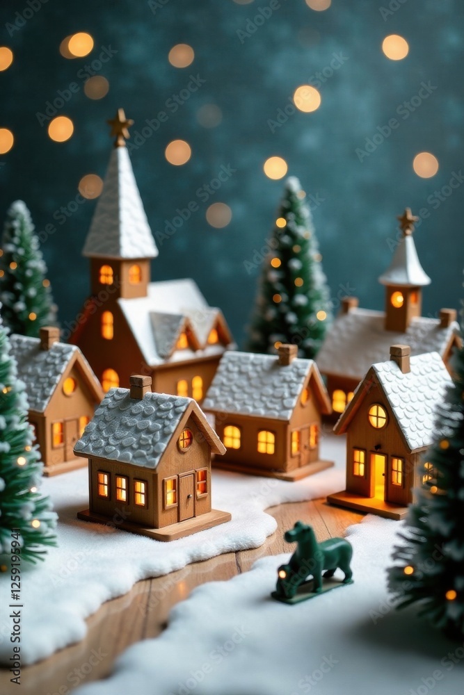 Obraz premium Wooden Christmas village scene with houses, shops and churches, wooden houses, religious symbols