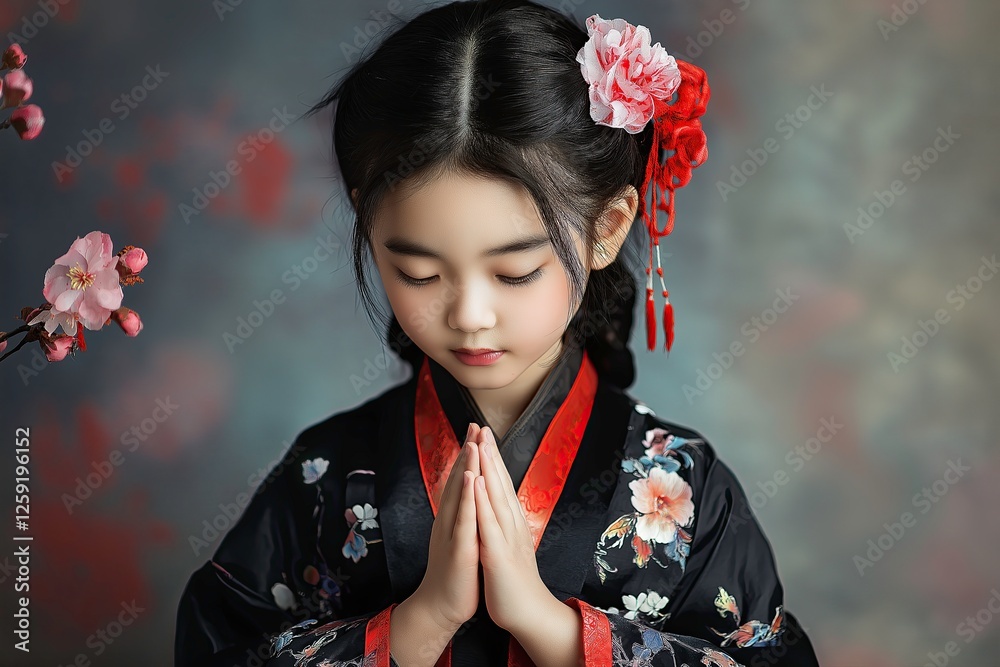 Girl in Traditional Attire with Cherry Blossoms Girl in Traditional Attire with Cherry Blossoms