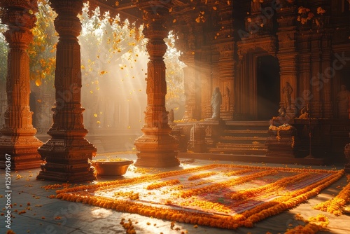 Sunlit temple, flower petals, India, autumn
