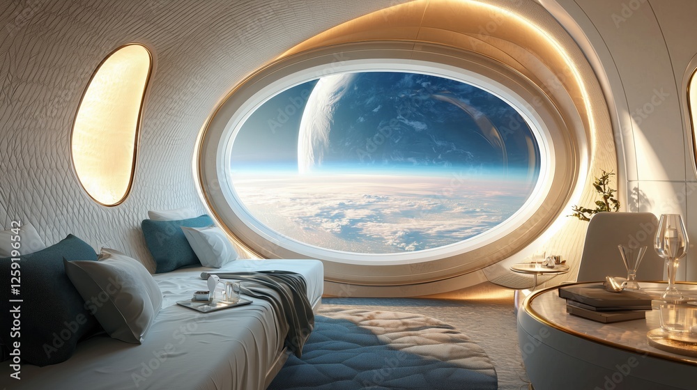 Fototapeta premium Luxurious Space Hotel Orbiting Earth with Panoramic View